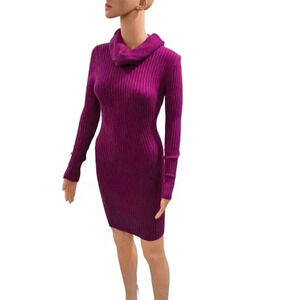 Cozy Ribbed Knit Cowl Neck Sweater Dress - Fuchsia
